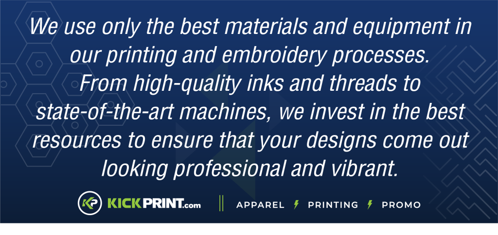 Text on a blue geometric background highlights KickPrint’s commitment to quality materials and equipment for professional, vibrant embroidery and screen printing. The KickPrint logo and icons for apparel, printing, and promo are shown at the bottom, showcasing their Kansas City roots and dedication to excellence.