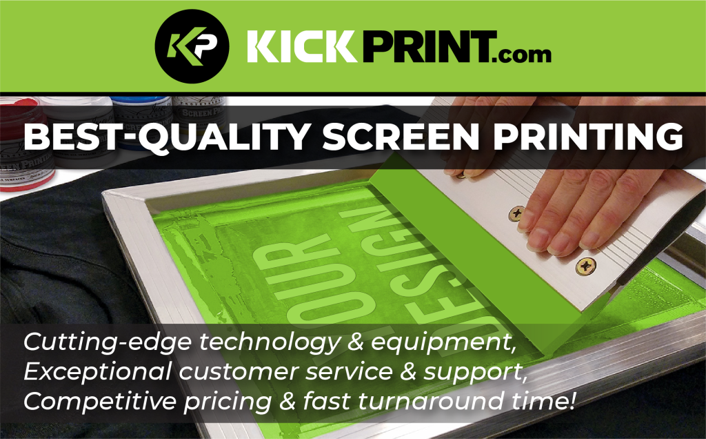 Hands using a squeegee to spread ink on a screen printing frame, featuring KickPrint.com Best-Quality Screen Printing. Kick Print: Kirkwoods Premier Destination for Screen Printing Excellence—technology, service, pricing, and fast turnaround.