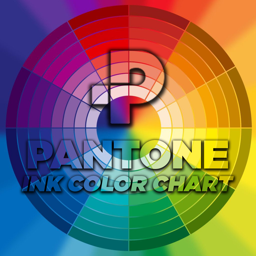 A circular Pantone ink color chart with a large P in the center, displaying a gradient of Pantone colors from blue to red, yellow, and green. The text "Pantone Ink Color Chart" is overlaid in bold letters as a helpful printing guide.