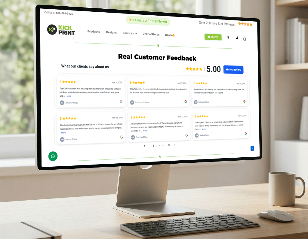 A computer screen displays a website page titled Real Customer Feedback, showing a 5.0-star rating, individual online feedback from customers, and review submission options for a company called Kick Print.