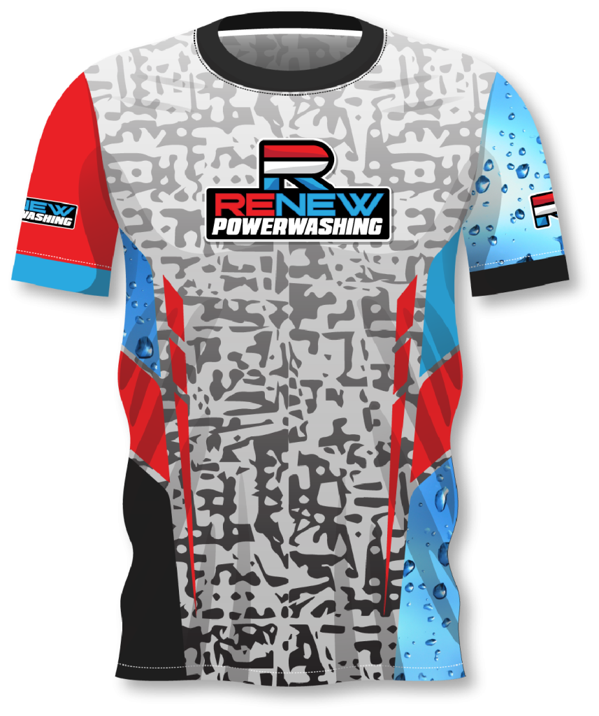 A short-sleeve athletic shirt with ReNew Powerwashing logo on the chest, red and blue geometric accents, water droplet graphics on the sleeves, and a gray patterned background—ideal for those mastering T-shirt care to maintain their wardrobe staples.