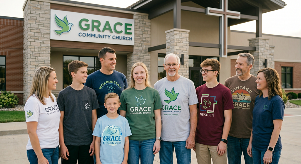 A group of eight smiling people of various ages stand in front of Grace Community Church, wearing t-shirts with church logos and holding church guest gifts for first time church visitors. The church building features a cross and a sign with a dove logo.