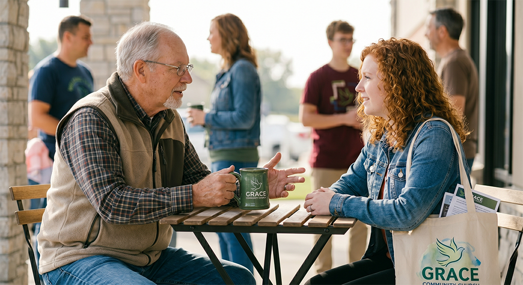 An older man and a young woman sit at an outdoor café table, talking and holding green mugs. The woman has a GRACE tote bag with Promotional Items for first time guests from local churches. Others chat in the sunny background.