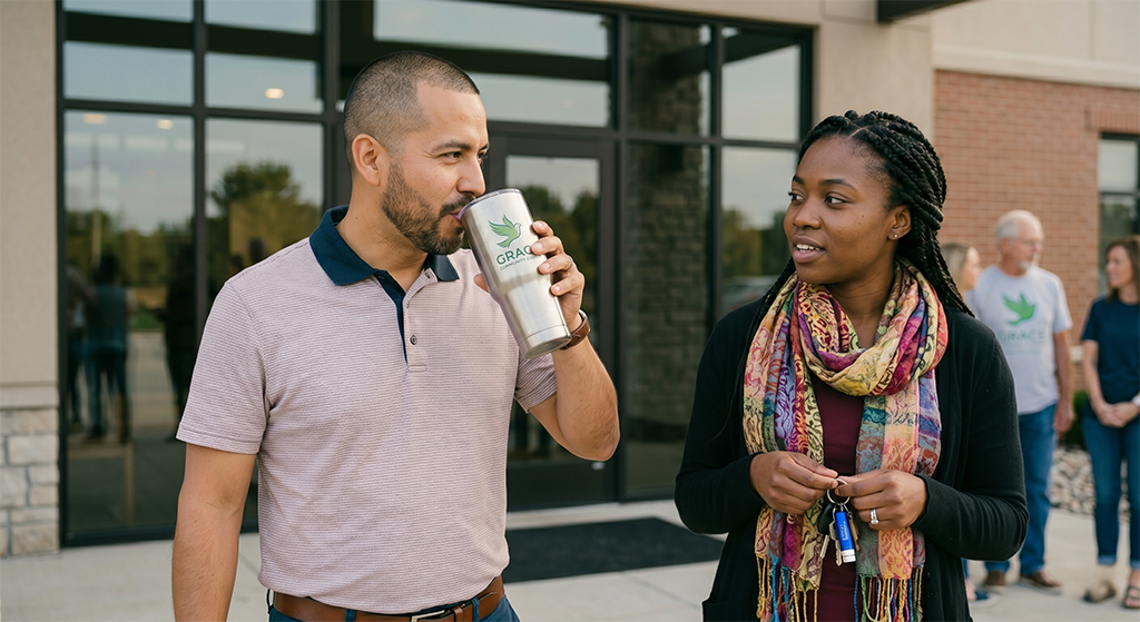 A man drinks from a metal tumbler—one of the church promotional items—while walking beside a woman holding keys. They are outside a building with glass doors, with other people visible in the background.