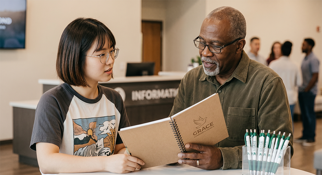 A young woman and an older man sit together indoors, looking at a brown notebook labeled GRACE. Near an information desk with promotional items like pens on the counter, they chat while first time guests and others mingle in the background.