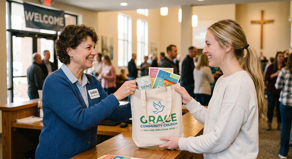 A smiling woman hands a promotional tote bag labeled Grace Community Church to another smiling woman—welcoming first time guests inside a church lobby, with people in the background and a Welcome sign visible.