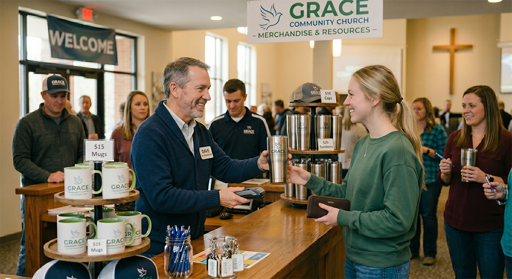 A man hands a travel mug—one of many church promotional items—to a smiling woman at a merchandise table inside a church lobby. Mugs, hats, and pens are for sale to welcome first time guests, with several people in the background and a cross on the wall.