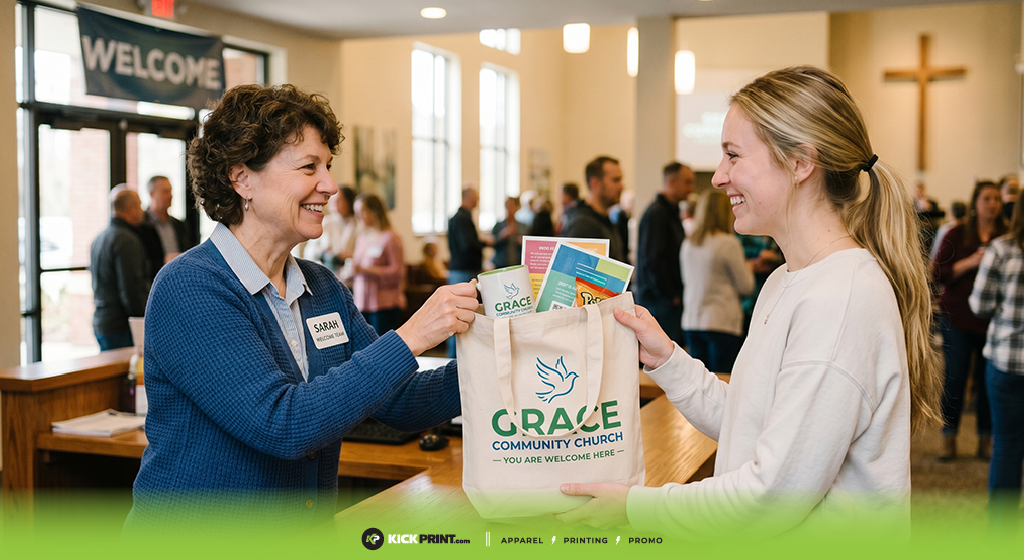 Two women smile as one hands the other a tote bag labeled Grace Community Church—a warm welcome for first time guests. They stand in a friendly church lobby with people and a cross visible in the background.