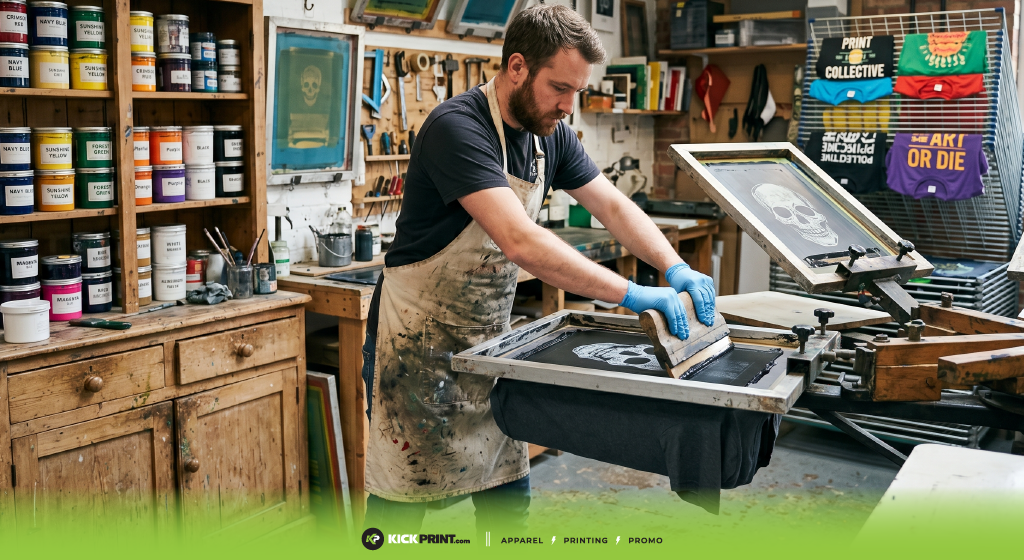 A person wearing an apron and gloves is screen printing a white skull design onto a black shirt in a premier St. Louis workshop filled with colorful ink containers and printing equipment.