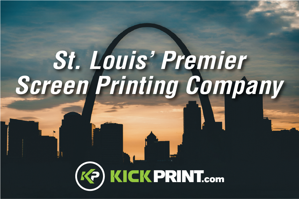 Silhouette of the St. Louis skyline with the Gateway Arch at sunset, overlaid with St. Louis’ Premier Screen Printing Company and the KickPrint.com logo at the bottom—highlighting the city's leading screen printing company.