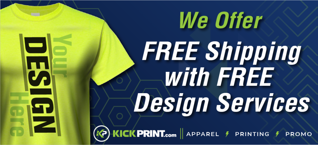 A neon yellow T-shirt with Your DESIGN Here printed vertically is shown. Next to it, text reads, We Offer FREE Shipping with FREE Design Services. KickPrint.com—St. Louis’ premier screen printing—logo and service icons are at the bottom.