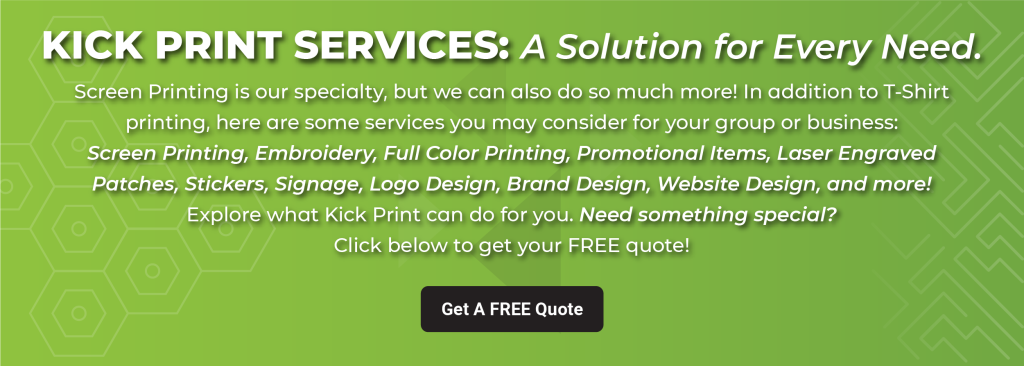 Green banner with white and light green text highlights Kick Print’s screen printing services in St. Louis, featuring embroidery, stickers, logos, and design. A black “Get a Free Quote” button sits at the bottom from this top local printing company.