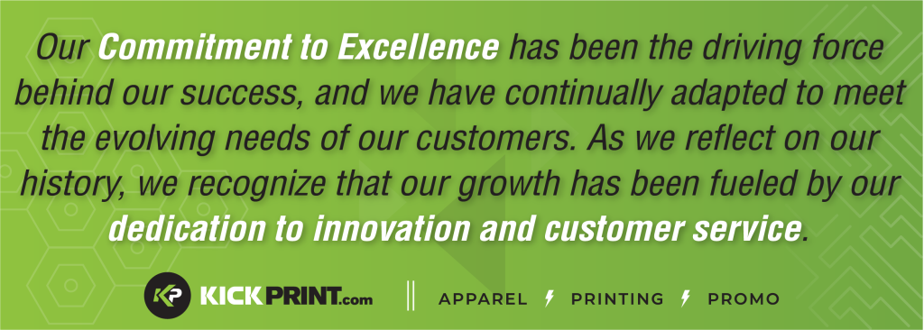 Green banner with geometric patterns featuring text about KickPrint’s commitment to excellence, innovation, and customer service as a leading St. Louis printing company, with the KickPrint logo and “APPAREL,” “PRINTING,” and “PROMO” at the bottom.