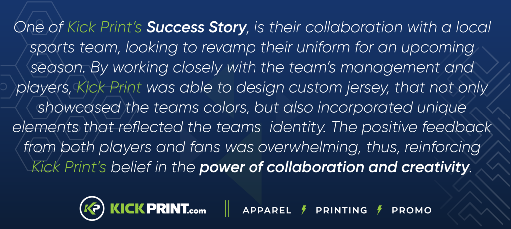 A promotional graphic for Kick Print, a St. Louis printing company, highlights their work with a sports team—emphasizing custom jerseys, teamwork, creativity, and positive feedback. The Kick Print logo and the words Apparel, Printing, and Promo appear at the bottom.