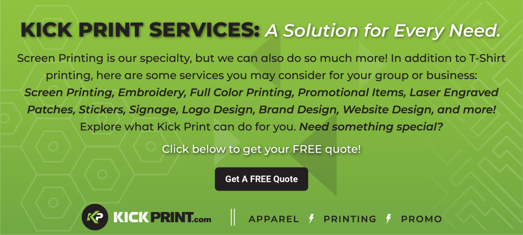 Kick Print Services advertisement with a green background highlights St. Louis’s top printing company—offering screen printing, embroidery, full color printing, promotional items, website design, and more. A Get A FREE Quote button stands out at the bottom.