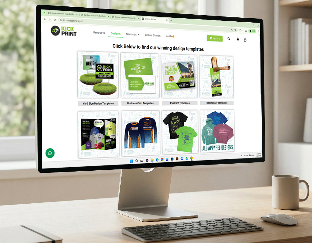 A desktop computer on a wooden desk displays the Kick Print website, featuring yard signs, business cards, posters, shirts, and other promotional materials—perfect for anyone seeking professional screen printing services.