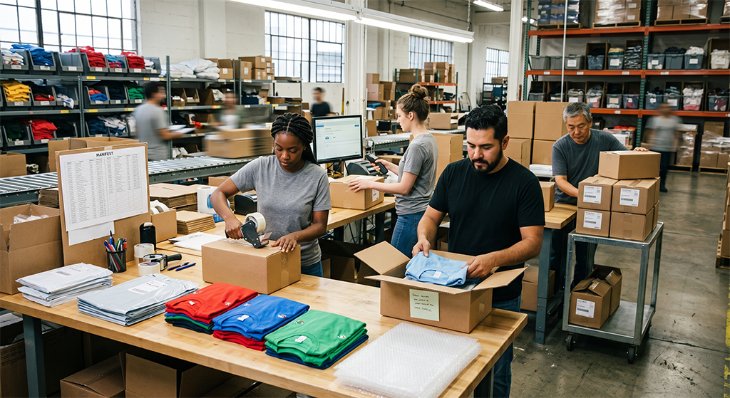 Four people pack and label boxes in a bustling warehouse filled with shelves of inventory and vibrant shirts from the screen printing business. Two work at a table, while others handle packing and scanning boxes.