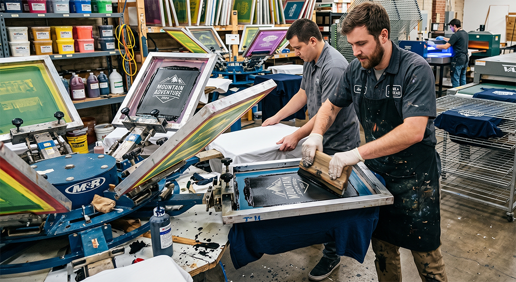 Two men at a top screen printing workshop create t-shirt designs among colorful ink containers, screens, and equipment. One presses ink through a screen onto a shirt while the other prepares another shirt nearby.