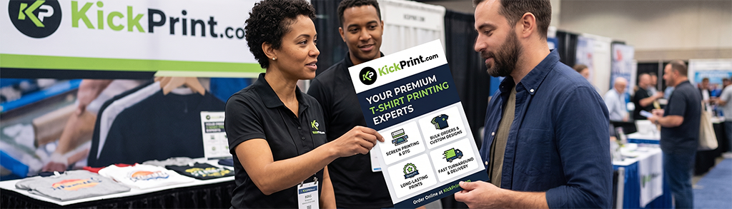 Two people at a KickPrint.com booth hand a promotional sign to a visitor, highlighting their screen printing services. T-shirts from the screen printing company are displayed on the table, with other booths visible in the background.