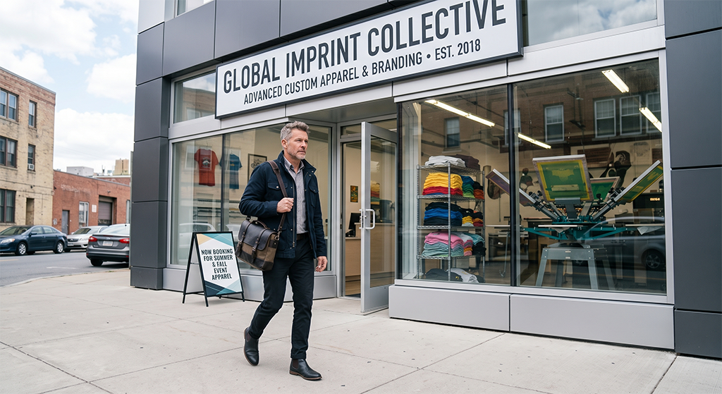 A man carrying a bag walks past the storefront of Global Imprint Collective, a custom apparel and branding shop known for professional screen printing, with colorful folded shirts and printing equipment visible through the window.