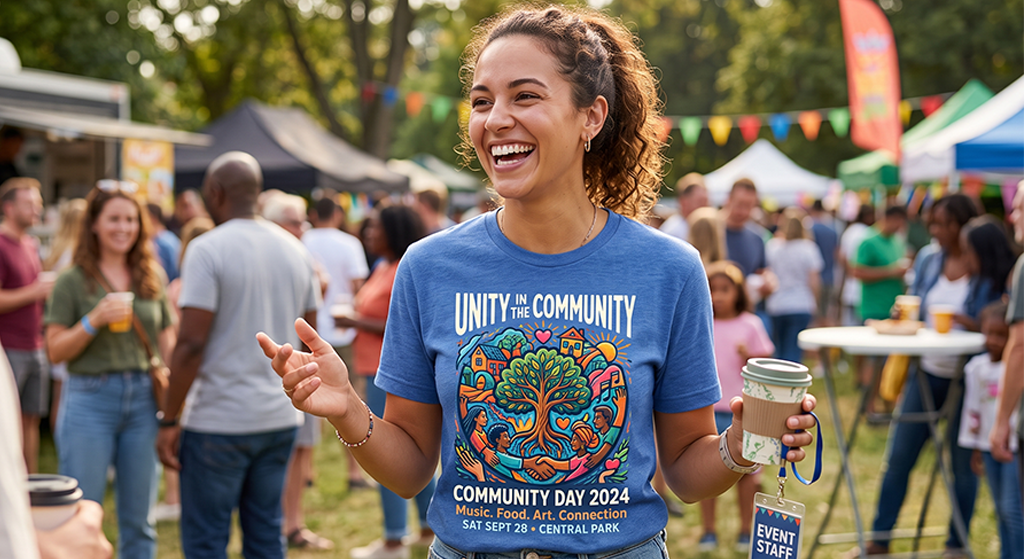 A smiling woman in a blue “Unity in the Community—Community Day 2024” t-shirt, made with custom screen printing, holds coffee at an outdoor festival, surrounded by people, food trucks, and colorful decorations in a park.