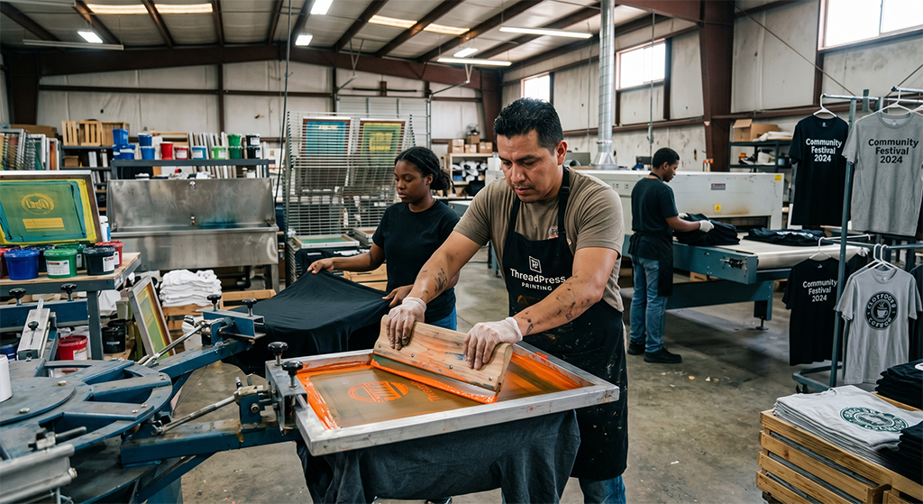 A man uses a screen printing press to print designs on black t-shirts in a busy workshop, representing one of the top screen printing companies, while two others work nearby and finished shirts hang in the background.