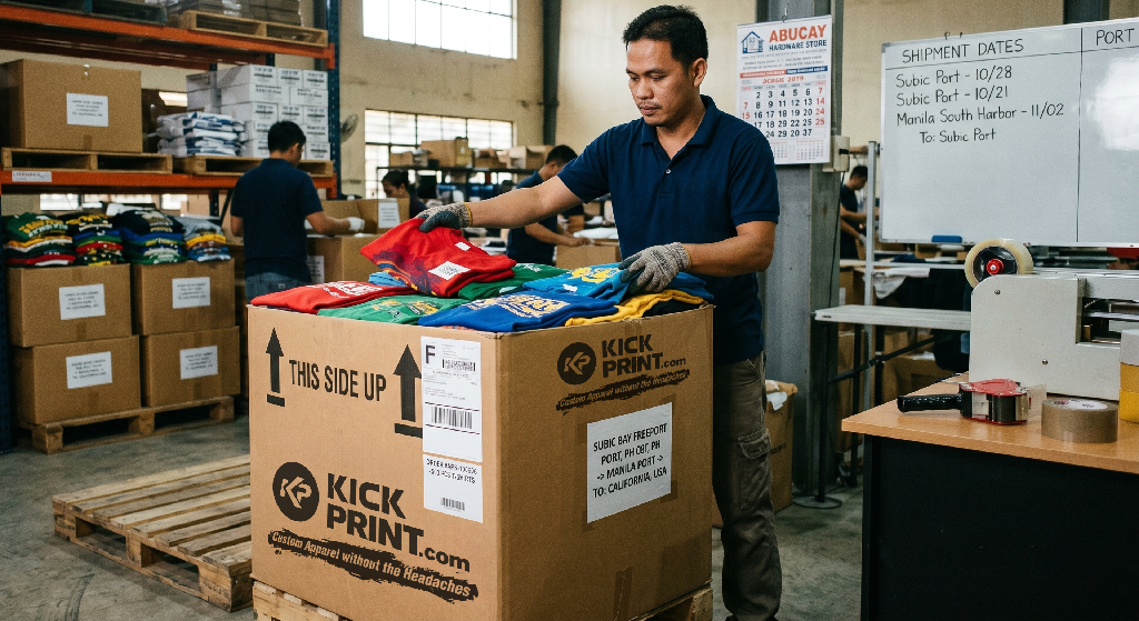 A man in gloves sorts colorful t-shirts on top of a large Kick Print shipping box in a Screen Printing Store warehouse, surrounded by shelves, boxes, and workstations.
