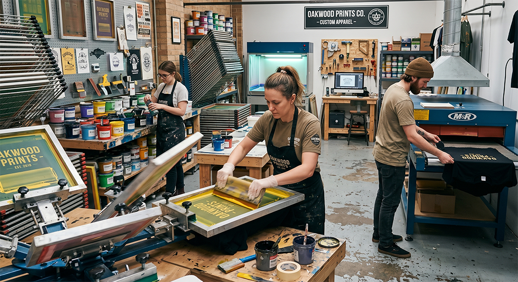 Three people work in a custom screen printing shop, printing designs on t-shirts. Shelves of colorful ink containers line the wall, and various tools fill the organized workspace—perfect for anyone planning a creative wardrobe revamp.
