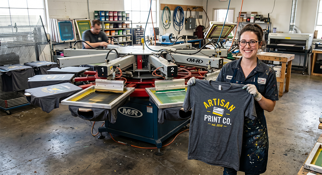 A smiling person in a print shop holds up a freshly printed t-shirt reading “Artisan Print Co.” Screen printing equipment and more t-shirts are visible in the background, showcasing a thriving screen printing business in my area.