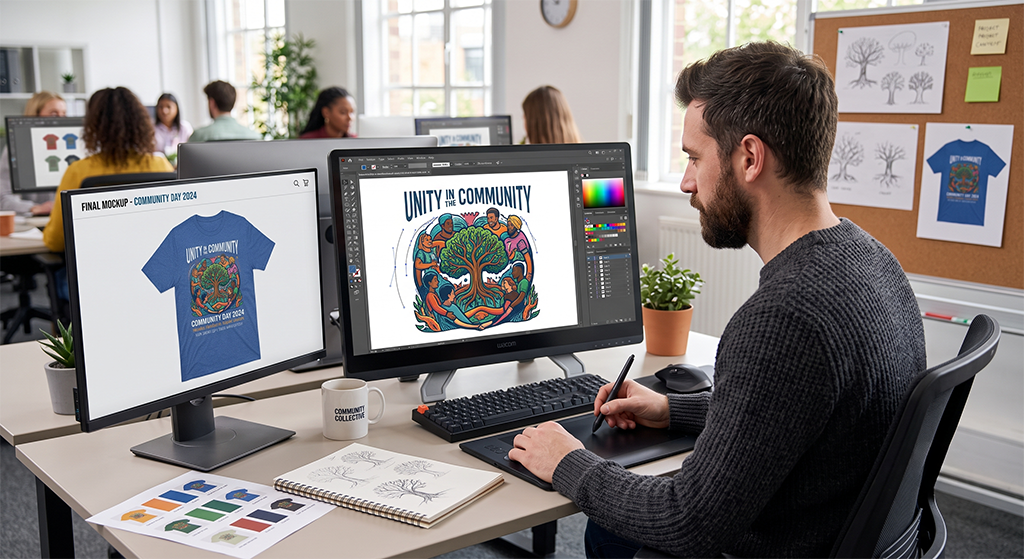A man works at a desk with two monitors designing a Unity in Community graphic for a custom screen printing project, featuring people around a tree. Other people work in the background. Sketches and a notebook are on the desk.