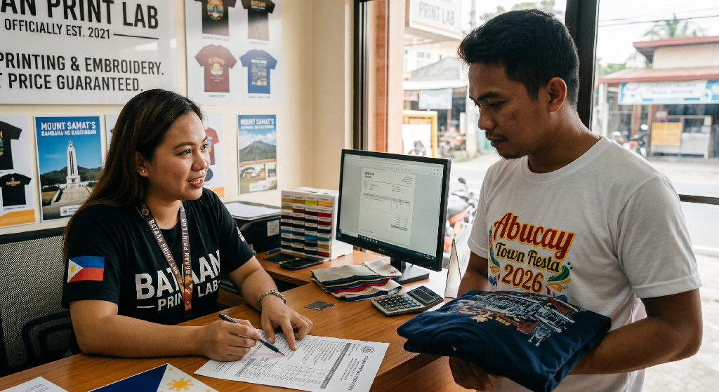A woman sits at a desk in a screen printing store, speaking with a man holding folded shirts. The desk holds paperwork, a monitor, and color samples. Posters and shirts decorate the wall in this bright print shop with large windows.