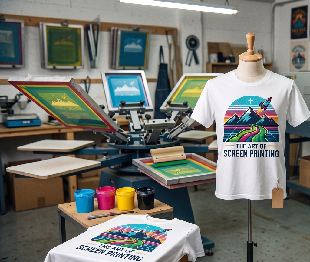 A screen printing studio with colorful inks, screens, and equipment. A mannequin displays a white T-shirt featuring a vibrant graphic and the words The Art of Screen Printing—perfect for anyone searching for a Screen Printing Store close to me.