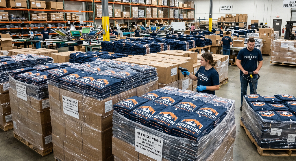 Workers in a warehouse organize and inspect stacks of packaged navy blue shirts labeled Adventure on pallets, ensuring Quality Prints. Rows of boxes and shelves fill the large, brightly lit industrial space.