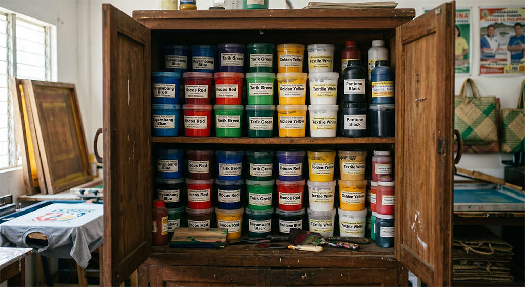 An open wooden cabinet filled with neatly arranged jars of colorful screen printing inks, each labeled with its color, stands in a bright, artistic studio space—perfect inspiration for those exploring nearby screen printing shops.