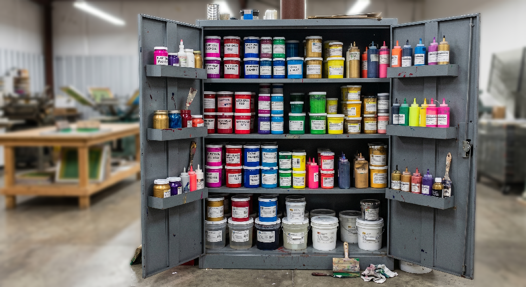 An open metal cabinet in a workshop displays shelves filled with colorful paint and ink containers, bottles, and jars organized by pigment—ideal for any screen printing store—with mixing tools on the doors and the workspace seen in the background.