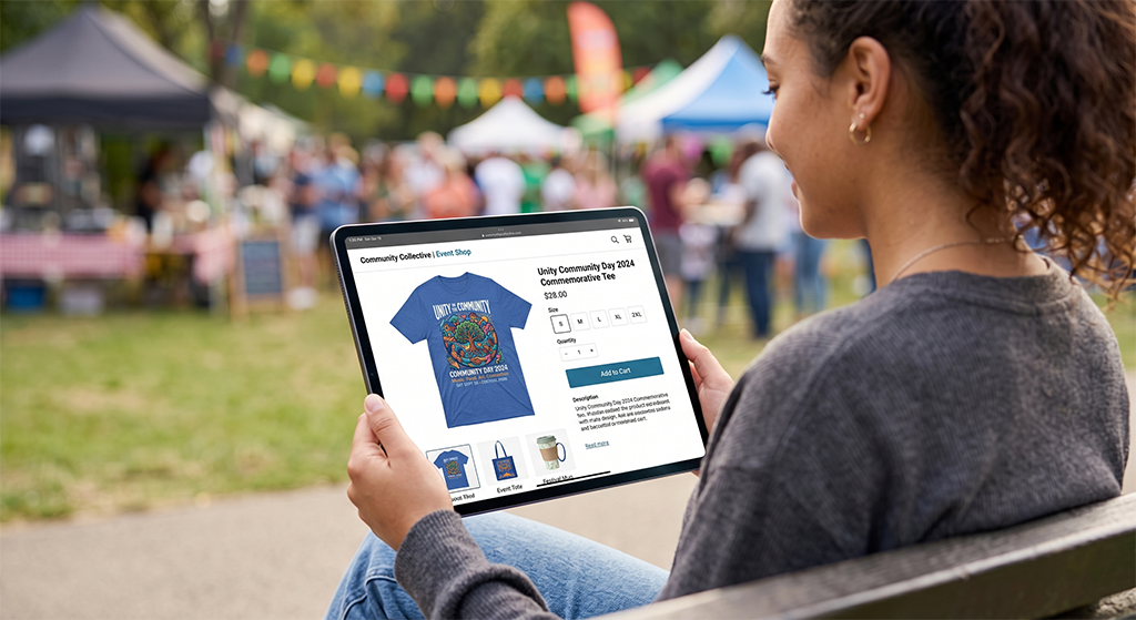 A woman sits outdoors at a park or fair, holding a tablet and shopping online for a blue event T-shirt from a screen printing shop. Booths, tents, and people are visible in the blurry background.