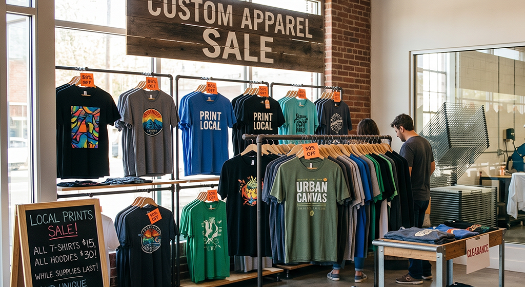 A display of colorful graphic t-shirts, made by a local screen printing business, lines racks beneath a Custom Apparel Sale sign, with two people browsing and sale signs advertising discounts on t-shirts and hoodies.