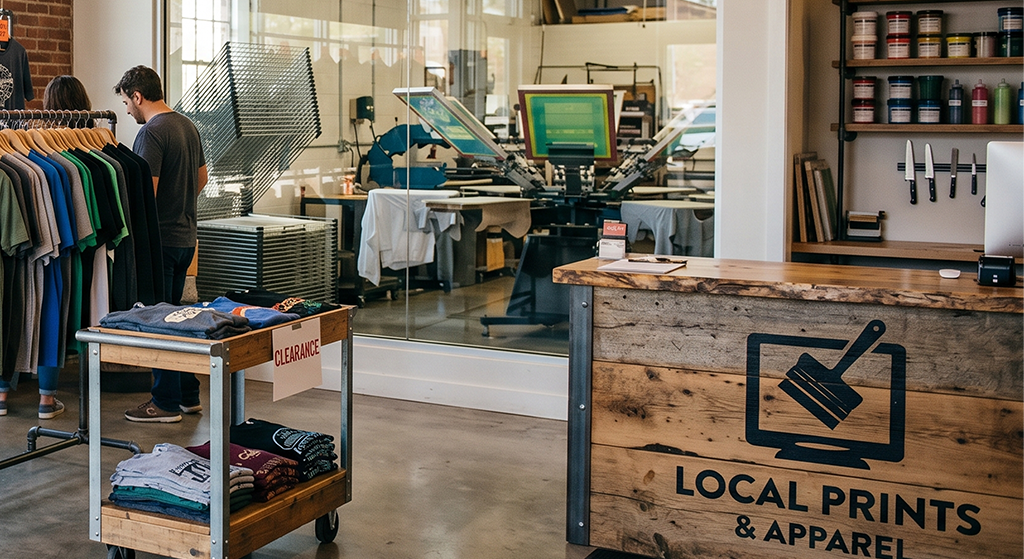 A print shop with a wooden counter labeled Local Prints & Apparel, clothing racks, folded shirts on a cart, and screen printing equipment behind glass. Two people browse near the shirts in this local screen printing business in my area.
