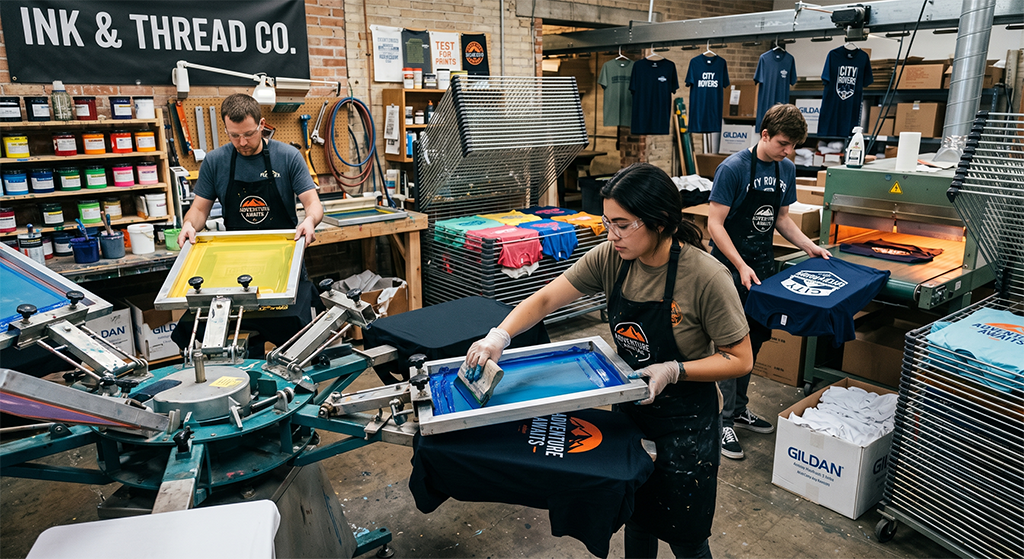 Three people screen-printing t-shirts in a workshop filled with ink containers, drying racks, and equipment. A sign reads Ink & Thread Co. If you’re searching for a screen printing company near me, their printed shirts hang and dry in the background.