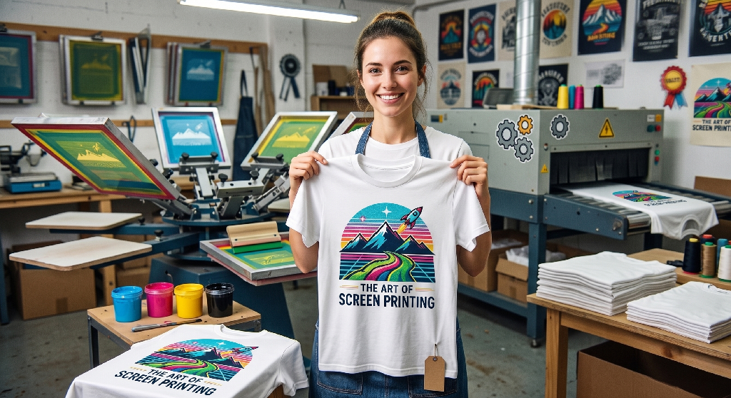 A smiling person in a screen printing store holds up a white T-shirt with a colorful rocket and mountain design and the text “The Art of Screen Printing.” Printing equipment and more printed shirts surround them.