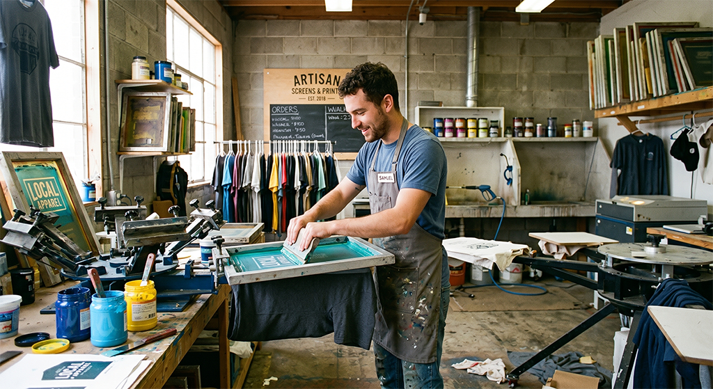 A person screen prints a T-shirt in a workshop filled with ink jars, printing equipment, and hanging shirts. The workspace, perfect for a screen printing business in my area, has a rustic industrial feel with natural light streaming through the windows.
