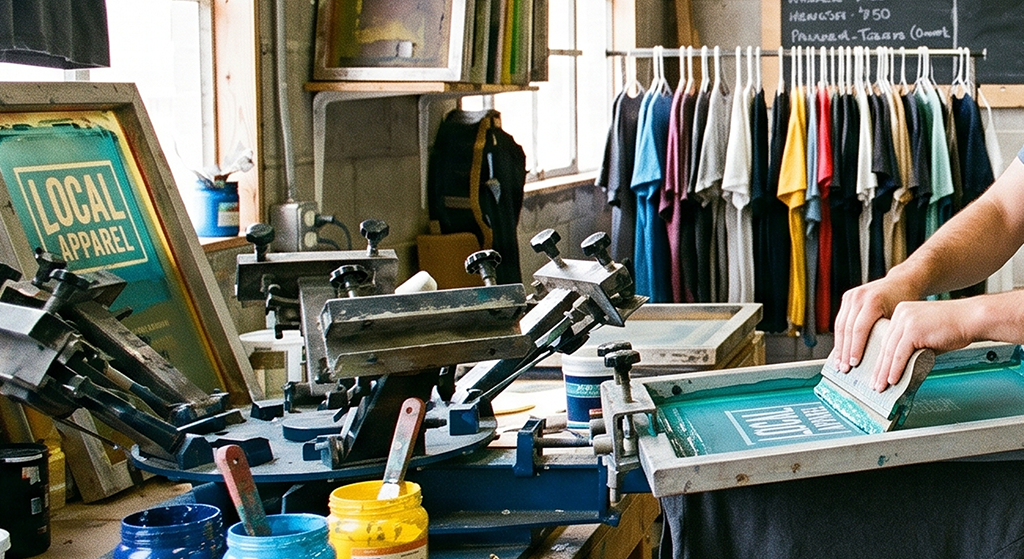 A person screen prints Local Apparel on a shirt in a workshop, surrounded by printing equipment, ink containers, and a rack of colorful hanging t-shirts—a glimpse into a thriving screen printing business.