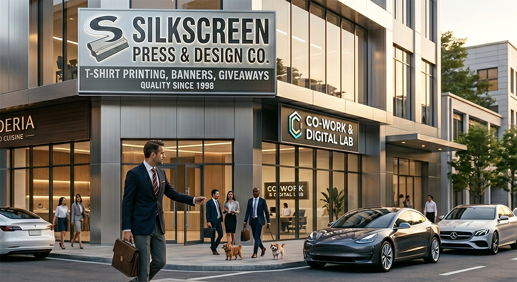 A man in a suit walks across a crosswalk with a briefcase in an urban area, passing a gray car. Nearby are people, a dog, and storefronts for Silkscreen Press & Design Co.—one of the local screen printing shops—and Co-Work & Digital Lab.