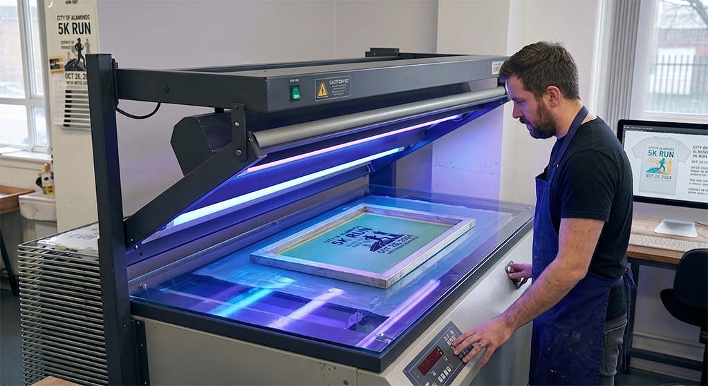 A man operates a local screen printing exposure unit, with a screen displaying 5K RUN inside the machine and blue lights illuminating the custom apparel workspace.