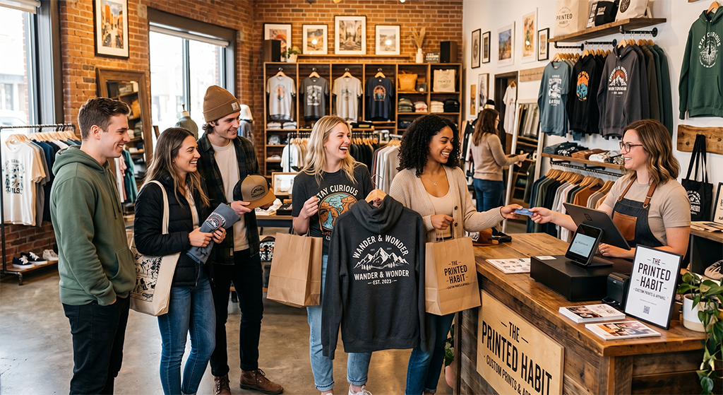 Five smiling young adults stand at a clothing store counter holding t-shirts and bags, while a cheerful cashier assists one customer with a payment. The shop, part of a thriving screen printing business, displays shirts, hats, and hoodies on racks and shelves.