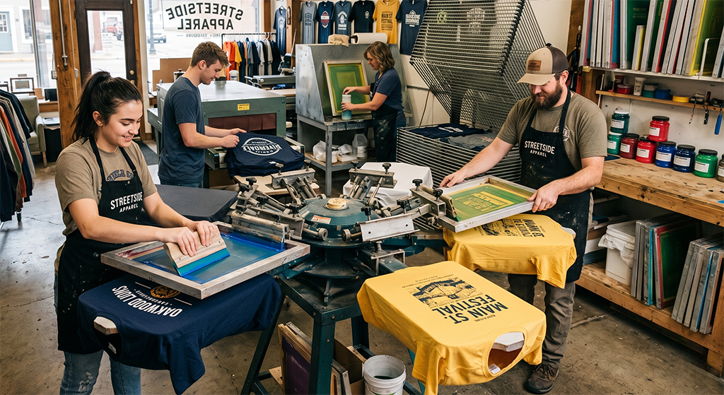 Four people providing local screen printing services in a workshop, each working at different stations with printing screens and ink, surrounded by custom apparel, shelves of ink containers, and drying racks.