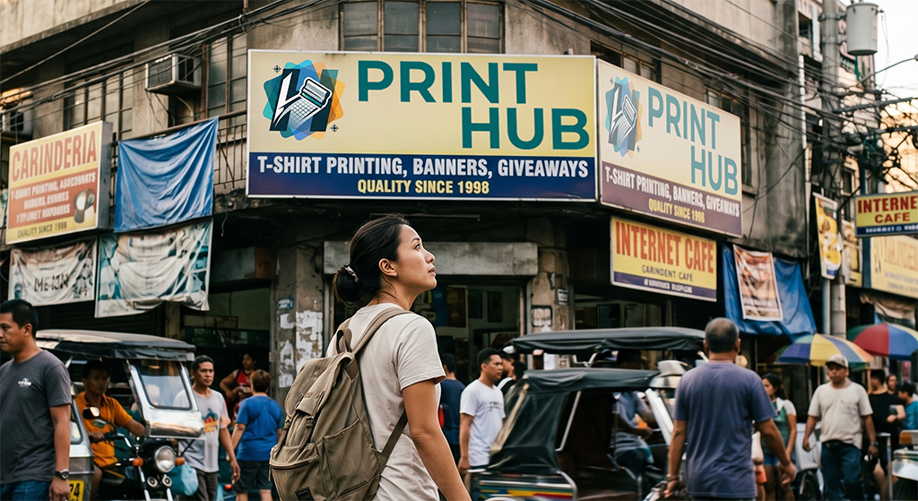 A woman with a backpack stands on a busy street, looking up at a large PRINT HUB sign advertising T-shirt printing. She seems to be searching for Screen Printing Shops nearby as people walk past the bustling storefronts.