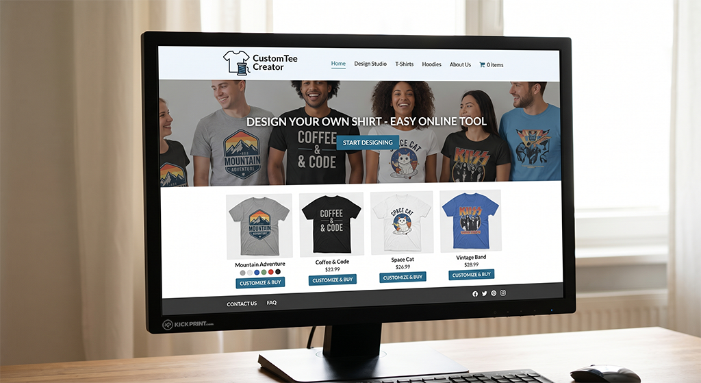 A computer monitor displays a t-shirt customization website featuring various shirt designs, images of people wearing graphic tees, and options to create or buy custom shirts for your Screen Printing business in My Area.