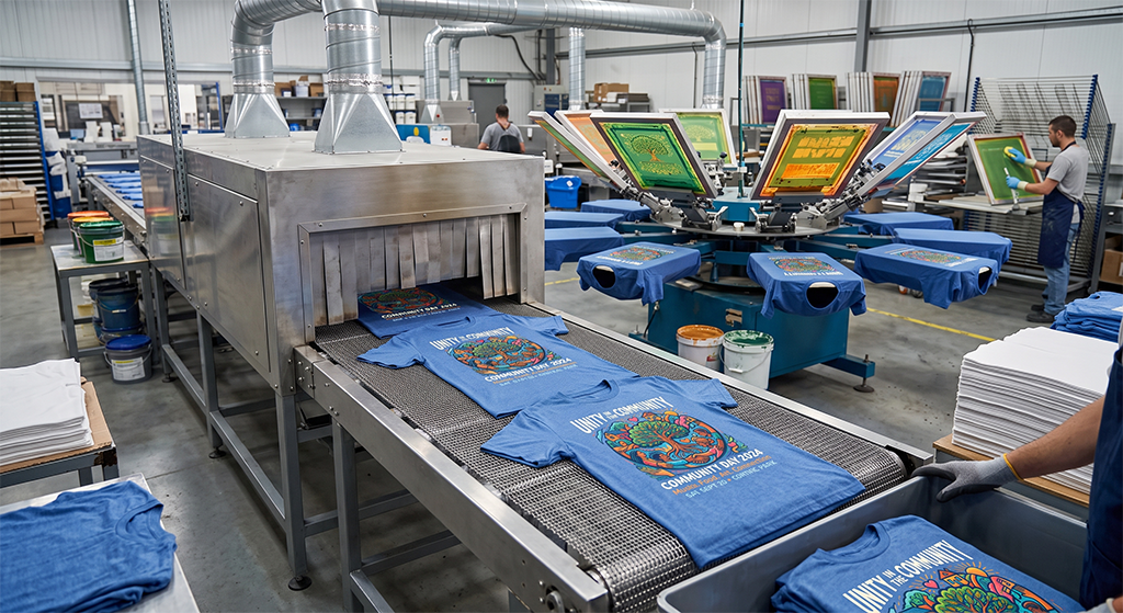 A screen printing shop with blue T-shirts moving on a conveyor belt through a drying machine. Several people work nearby, and colorful screens are set up for custom screen printing—perfect for a wardrobe revamp.