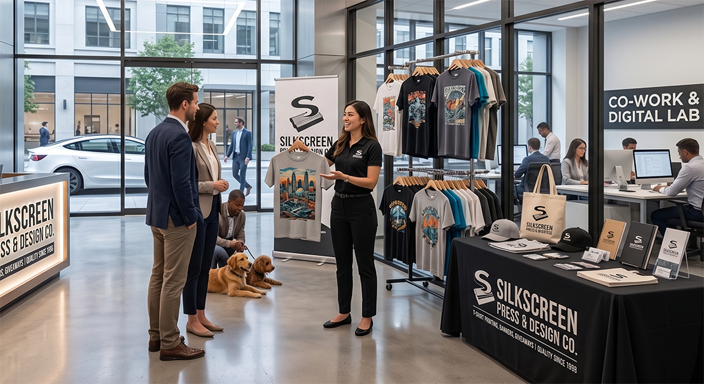 People converse inside a modern screen printing shop displaying custom t-shirts, hats, and tote bags. A staff member speaks with two visitors nearby, while others work at desks. A service dog sits beside a man on a bench.